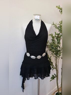 Black Halter Lace Mini Dress with Silver Concho Belt